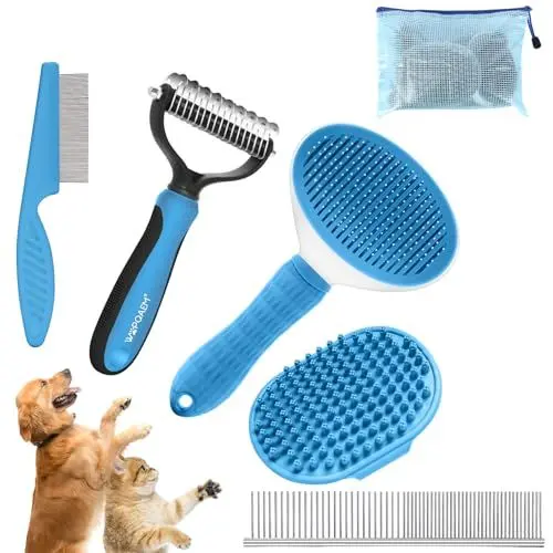 Produktbild: WOPQAEM Hundebürsten-Set, 5-teiliges Fellpflege-Set, selbstreinigend, für große und mittelgroße Hunde, Katzen sowie kleine Haustiere, ideal für Lang- und Kurzhaar, reduziert Haaren, blau