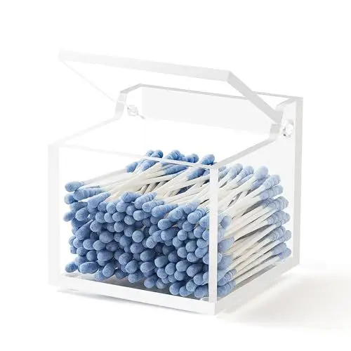 Produktbild: WORHE Q-Tip-Halter mit Deckel, Acryl-Wattebäusche- und Wattestäbchen-Organizer, Make-up-Pads und Kosmetik-Aufbewahrungsbox, Q-Tip-Spender für Schminktisch oder Arbeitsplatte (DP011)