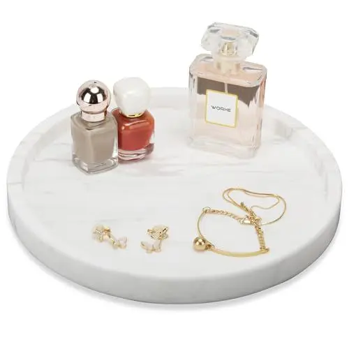 Produktbild: WORHE Tablett aus natürlichem Marmor für Badezimmer, Tablett klein,Runde Schminktabletts für Schmuck, Parfüm, Kerzen, Aufbewahrungs-Organizer für die Arbeitsplatte als Heimdekoration,Weiß,TP601