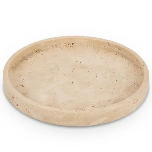 Produktbild: WORHE Schminktablett aus natürlichem Marmor für Badezimmer, aus Travertinstein für Schmuck, Parfüm, Kosmetik, Kerzen, Organizer für die Arbeitsplatte als Heimdekoration, Beige DE-019
