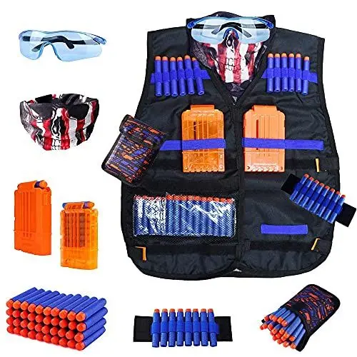 Produktbild: WORKER Kinder Taktische Weste Kit für Nerf Guns N-Strike Elite Serie mit 40 Kugeln nachfüllen Darts, 2 Nachlade-Clips, Dart-Beutel, Taktische Masken, Hand-Armband und Schutzbrille für Jungen