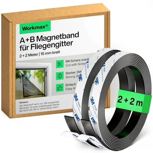 Produktbild: WORKMAX® A+B Magnetband für Fliegengitter & Moskitonetze - Selbstklebende Magnetstreifen mit starker gegenseitiger Anziehung - Magnetklebeband mit Gegenstück & starkem Kleber (2+2 m)
