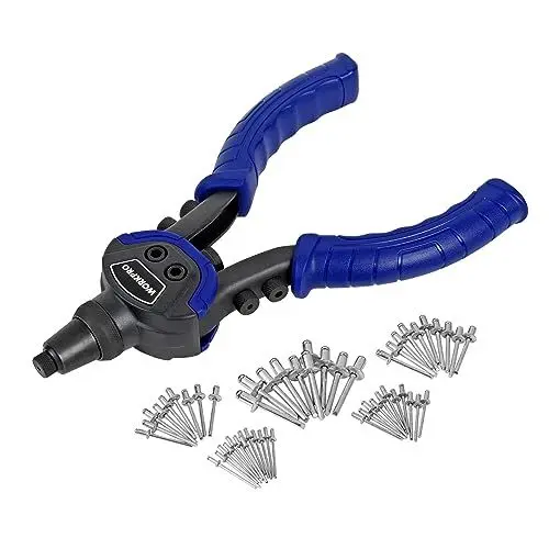 Produktbild: WORKPRO 5-in-1 Nietzange Set Blindnietzange Nietpistole 250mm mit 5 auswechselbaren Mundstücke 2,4mm-6,4mm mit 100 Nieten, geeignet für Stahl, Edelstahl und ALU-Nieten
