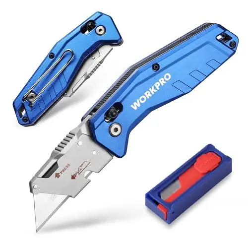 Produktbild: WORKPRO Klappmesser aus Aluminium, Klappbares Cuttermesser Universalmesser mit Slip Lock, Schnellwechselklinge, Schweres Teppichmesser mit 10 zusätzlichen Klingen