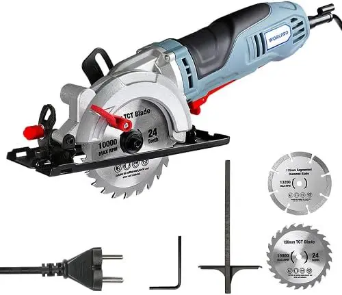 Produktbild: WORKPRO Mini Kreissäge 750W 4700RPM, Handkreissäge Schnitttiefe 45 mm (90 °), 28 mm (45 °), mit 120 mm TCT-Klinge und 115 mm Diamantklinge, mit Führungsschiene, für Holz Metall Fliesen