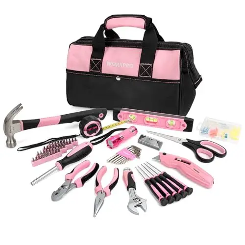 Produktbild: WORKPRO Pink Werkzeug Set Rosa Werkzeugkoffer 106-teilig Haushalts-Werkzeugsatz Reparatur inkl. Tasche mit weiter Öffnung 34cm Ideal Geschenk für Heimwerker