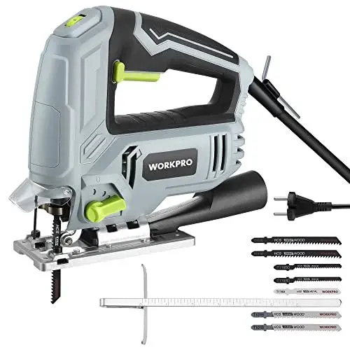 Produktbild: WORKPRO Stichsäge 600W, 3000 SPM mit 6 Geschwindigkeiten & 4 Orbitalpositionen, Schnellem Klingenwechsel, Staubblasfunktion, ±45° Schnittwinkel, Inkl. Entstaubungsrohr & Führungslineal & 7 Sägeblätter