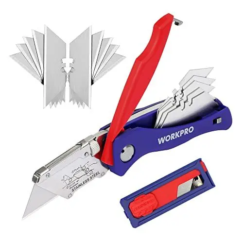 Produktbild: WORKPRO Teppichmesser Faltbares Universalmesser, Cutter Messer mit Klingenaufbewahrung und Gürtelclip, mit 15PC Ersatzklingen