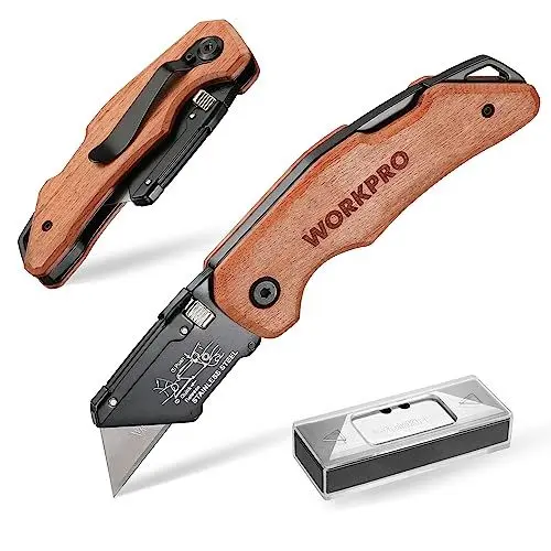 Produktbild: WORKPRO Teppichmesser Faltbares Universalmesser mit Holzgriff, Schnellwechsel-Cuttermesser mit rostfreiem Stahlkopf & Back Lock, inkl. 10 Ersatzklingen