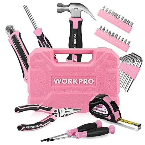 Produktbild: WORKPRO Werkzeugset 35tlg. Rosa Werkzeugsatz, Werkzeugkoffer bestückt, tägliche Werkzeuge, mit Schraubendreher, Zange, Maßband, Innensechskantschlüssel für Heimbedarf, Geschenk für DIY-Anfänger