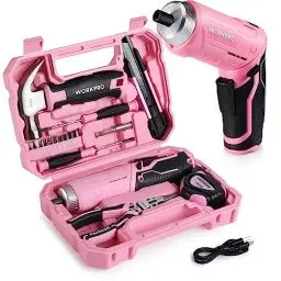 Produktbild: WORKPRO Werkzeugset Rosa pink 18 tlg. mit USB C Akkuschrauber klein, pinker Werkzeugkoffer gefüllt Haushalt, Werkzeugsatz für Heimwerker, Kinder, DIY Bastelei