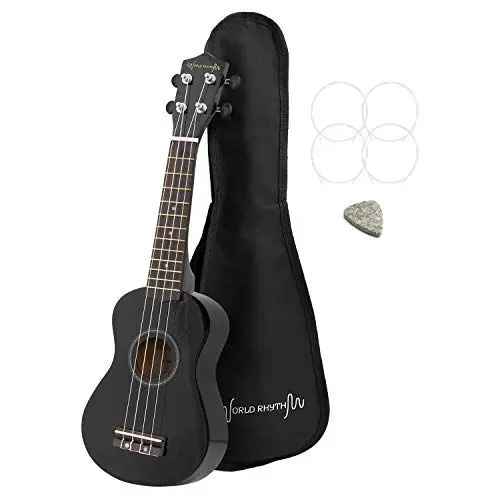 Produktbild: World Rhythm Sopran-Ukulele - Premium Einsteiger Sopran-Ukulele in Schwarz Finish mit Gigbag, Ersatzsaiten und Filzplektrum - ausgestattet mit Aquila Saiten, WR-305