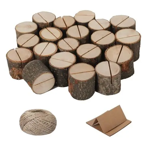 Produktbild: Worown 20 Stück Kartenhalter Holz, Menükartenhalter, Fotohalter Holz ,Tischnummernhalter mit 20 Kraftpapier Tischkarten und 30 Meter DIY hanfseil für Kaffeebar, Hochzeits