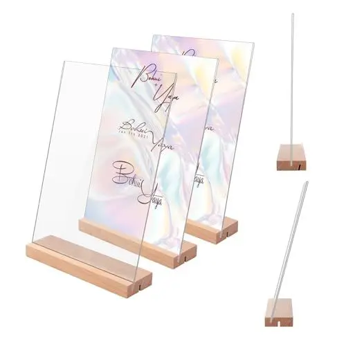 Produktbild: Worown 3 Sets A4-Acryl-Schilderhalter mit Holzsockel, Acryl tischaufsteller mit holzfuß, (L/T) durchsichtiger Halter mit Holzständer zum Präsentieren von Fotos, Broschüren, Menüs bei Hochzeiten, Resta