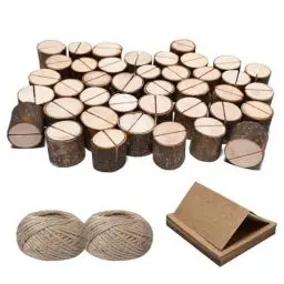 Produktbild: Worown 40 Stück Zylindrischer Kartenhalter Holz, Menükartenhalter, Tischkartenhalter, Tischnummernhalter mit 40 Kraftpapier Tischkarten und 60M DIY hanfseil für Kaffeebar, Hochzeits, Foto