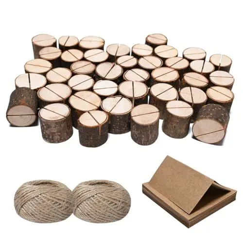 Produktbild: Worown 40 Stück Zylindrischer Kartenhalter Holz, Menükartenhalter, Tischkartenhalter, Tischnummernhalter mit 40 Kraftpapier Tischkarten und 60M DIY hanfseil für Kaffeebar, Hochzeits, Foto