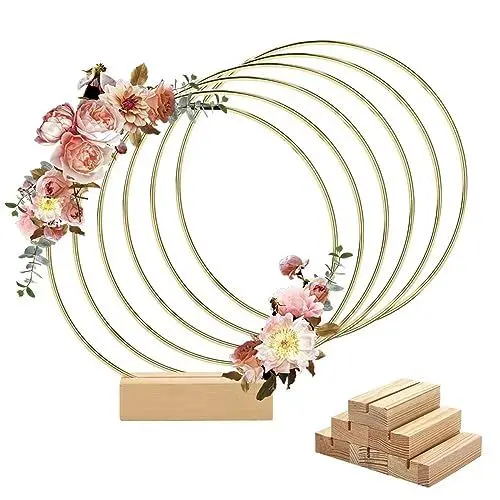 Produktbild: Worown 6 Stück 25cm Metallringe zum Basteln, Metallring mit Fuß, Gold Metallringe mit 6 Stück Holzständern für DIY Hochzeits-Tisch-Dekorationen, Wandhängende Handwerke