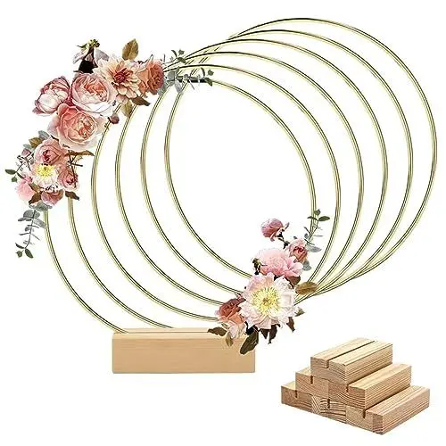 Produktbild: Worown 6 Stück 30cm Metallringe zum Basteln, Metallring mit Fuß, Gold Metallringe mit 6 Stück Holzständern für DIY Hochzeits-Tisch-Dekorationen, Wandhängende Handwerke