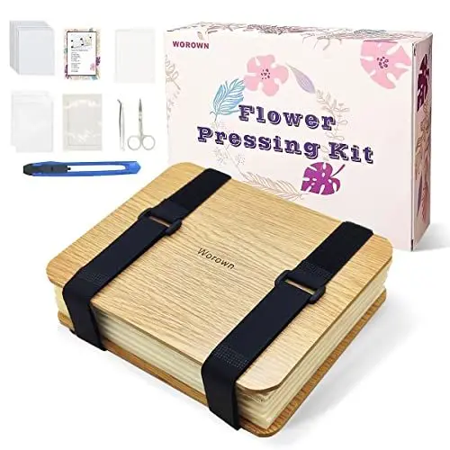 Produktbild: Worown Blumenpresse-Set Profi (16x21cm) • 6 Schichten Blütenpresse aus Naturholz • Mit Anleitung & Geschenkbox • Für DIY Herbarium, Basteln mit Kindern (Braun)