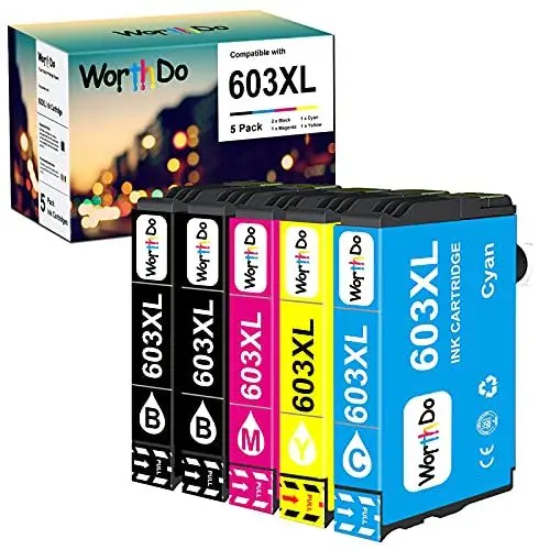 Produktbild: WORTHDO Tintenpatronen kompatibel für Epson 603XL 603 XL Druckerpatronen für Expression Home XP-3100 XP-3105 XP-2100 XP-2105 XP-4100 XP-4105 Workforce WF-2810 WF-2830 WF-2835 WF-2850 (5er-Pack)