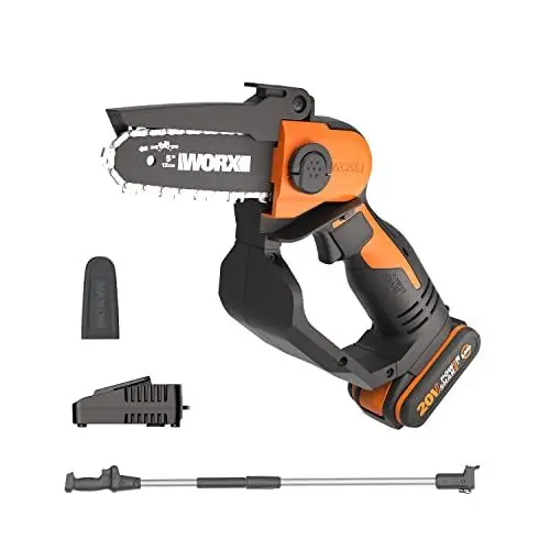 Produktbild: WORX Akku Mini Kettensäge 18V(MAX 20V) WG324E.1, PowerShare, 12 cm Führungsschiene, vibrationsarm, leicht und tragbar, Verlängerungsstange, 1 Akku und 1 Ladegerät im Lieferumfang enthalten