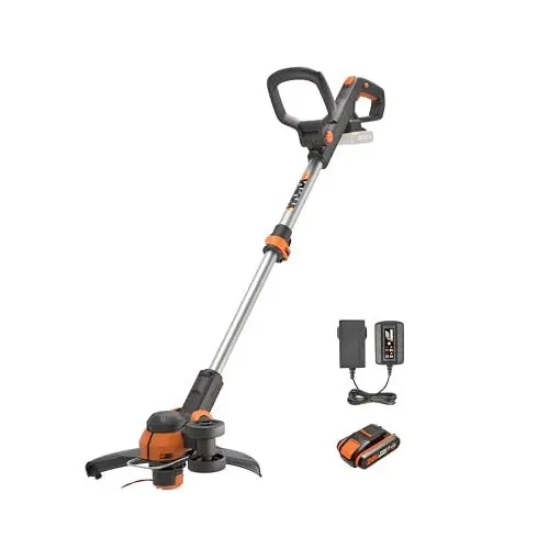 Produktbild: WORX WG163E.1 20V Akku-Rasentrimmer –​​ Inkl. Li-Ion Akku, Ladestation, Spule, Sicherheitsschutz und Rad zum Kantenschneiden, 30 cm Schnittdurchmesser