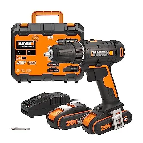 Produktbild: WORX WX108 Akku Bohrschrauber 20V – Allrounder Schrauber zum Bohren & Schrauben – zweistufiger Drehzahlbereich & 20+1 Drehmomenteinstellung bis zu 45Nm – inkl. 2x2Ah Akkus & Ladegerät
