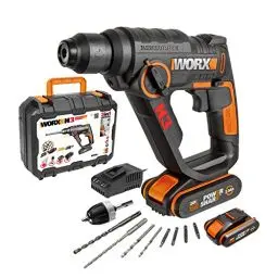 Produktbild: WORX WX390.1 Bohrhammer SDS-plus - 20V Bohrmaschine mit pneumatischem Hammerwerk zum Schrauben, Bohren und Hämmern – 1,2 Joule Schlagenergie – Mit 2 Li-Ion Akkus, Ladegerät und Koffer