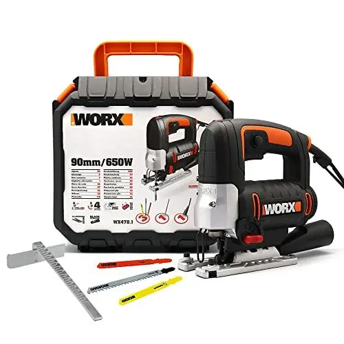 Produktbild: WORX WX478.1 Stichsäge 650W – Pendelhubsäge mit Drehzahlelektronik für präzises Sägen von Holz, Metall & PVC – mit Werkzeugkoffer
