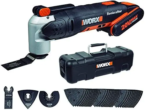 Produktbild: WORX WX678 Akku Multifunktionswerkzeug 20V – Multifunktionsgerät zum Schneiden, Polieren, Sägen uvm. – Inkl. Li-Ion Akku, Ladegerät, 39 teiliges Zubehör-Set & Werkzeugkoffer