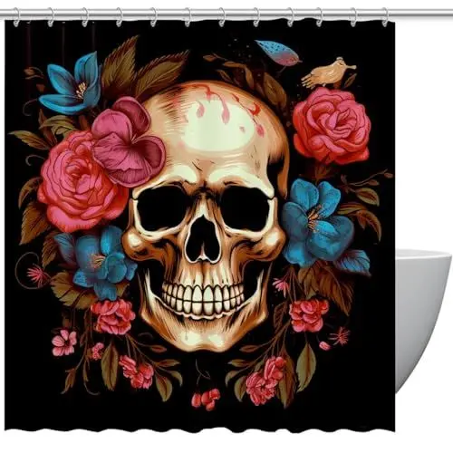 Produktbild: WOSHJIUK Duschvorhang Set,Bauernhaus Duschvorhänge für Badezimmer,Blumen Halloween mexikanische Schädel,60x72 in