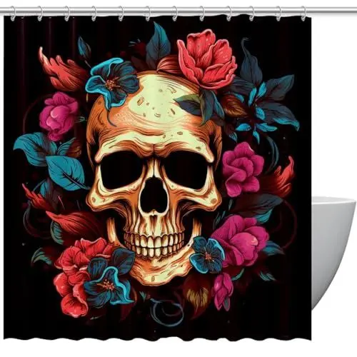 Produktbild: WOSHJIUK Duschvorhang Set,Bauernhaus Duschvorhänge für Badezimmer,Blumen Halloween mexikanische Schädel,72x72 in