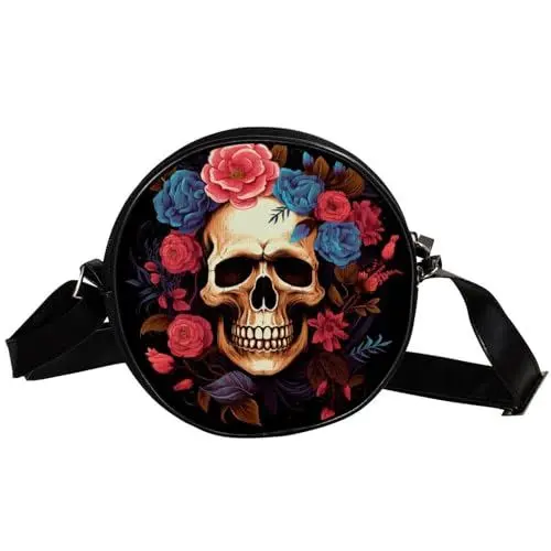 Produktbild: WOSHJIUK Umhängetaschen für Damen,Umhängetasche für Herren,kleine Umhängetasche,Blumen Halloween mexikanische Schädel,Umhängetasche