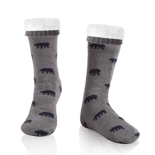 Produktbild: WOTENCE Herren Warme Dicke Wintersocken Anti Rutsch Sohle,Flauschig Thermo Socken Innenfrottee Hausschuhe Socken（Bär Grau）