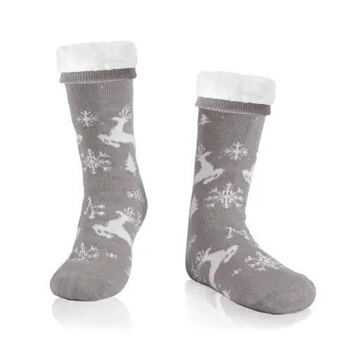 Produktbild: WOTENCE Herren Warme Dicke Wintersocken Anti Rutsch Sohle,Flauschig Thermo Socken Innenfrottee Hausschuhe Socken（Elch Grau）…