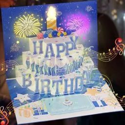 Produktbild: Woukksy Geburtstagskarte mit Musik und Licht Pop Up Happy Birthday Karte Geburtstag, 3D Blowable Kerzen Geburtstagskarten Set mit Umschlag Geschenke für Frau, Mann, Beste Freundin, Kinder, Mädchen