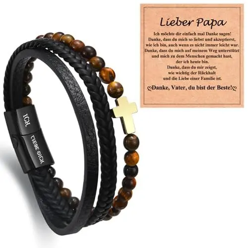 Produktbild: WOVEE Lederarmband für Papa Vater von Sohn Tochter Kreuz Edelstahl Armband Natursteinen Tigerauge Magnetverschluss mit Ich Liebe Dich Gravur Weihnachten Schmuck