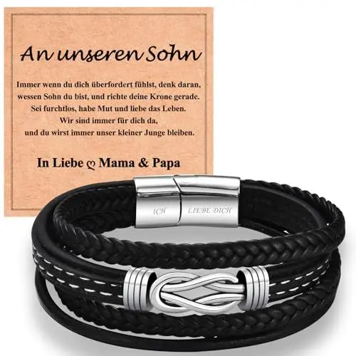 Produktbild: WOVEE Lederarmband für Sohn von Papa Mama Magnetverschluss mit Ich Liebe Dich Gravur Weihnachten Schmuck Geschenke Edelstahl Armband Leder
