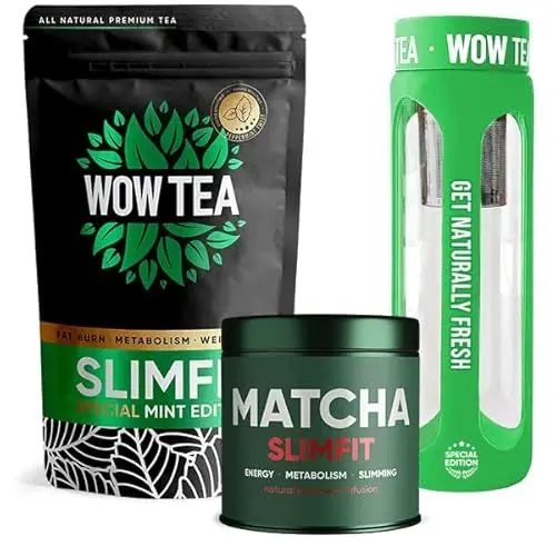 Produktbild: WOW TEA: Premium Matcha Slimfit Tee und Minze Slimfit Tee mit Grüntee-Infusionsflasche