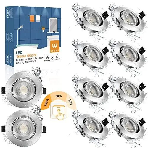 Produktbild: wowatt 10er 7W LED Einbaustrahler 3 Stufig Dimmbar Warmweiß 2800K Einbauleuchten Flach IP44 Ersetzt 70W Halogen LED Spots 230V Schwenkbar Rund 68mm Badeinbaustrahler 700lm Deckeneinbaustrahler