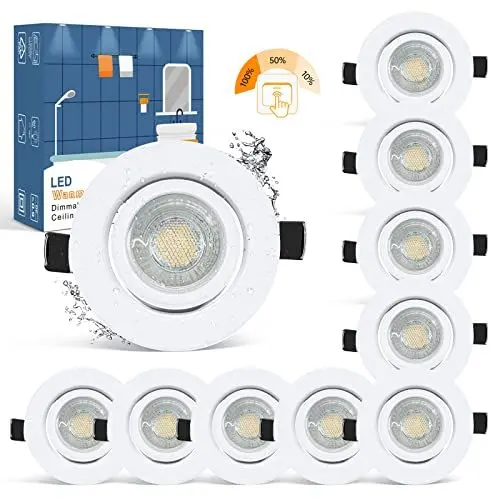 Produktbild: wowatt 10er 7W LED Einbaustrahler Weiß 3 Stufe Dimmbar Ersetzt 70W Halogen LED Spots 230V Ultra Flach 2800K Warmweiß Einbauleuchten IP44 Hell 700lm Badeinbaustrahler 68mm Schwenkbar Rund