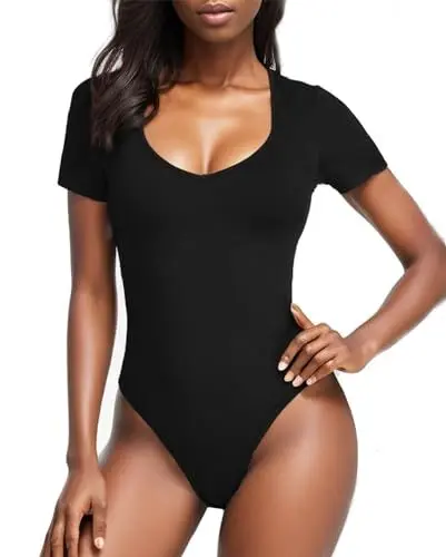 Produktbild: WOWENY Damen Kurzarm Body, V-Ausschnitt Bodysuit Oberteil, Sexy Schmal Unterziehbody, Elegant für Frauen Sommer, Schwarz, M