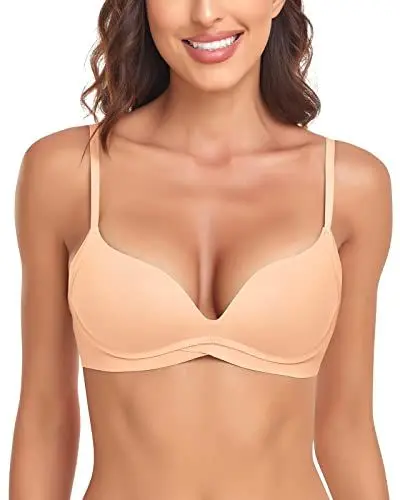 Produktbild: WOWENY Damen T-Shirt BH mit Push Up Gepolstert Bralette BHS ohne Bügel Nahtloser Bequemer für Kleine Brüste (Beige, L)