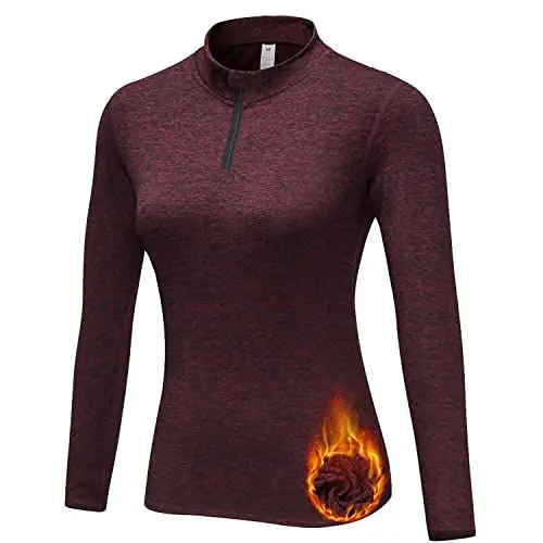 Produktbild: WOWENY Funktionsshirt Damen Langarm Laufshirt Winter Thermooberteil Sweatshirt Damen Ohne Kapuze Langarmshirt Sportshirt Fitness 1/4 Zip Wandershirt Atmungsaktiv U-Rotwein M