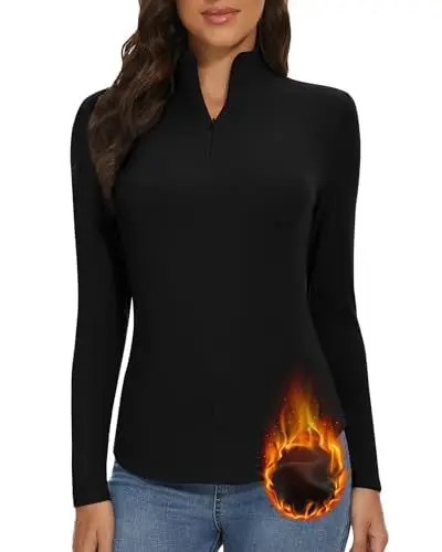Produktbild: WOWENY Thermo Oberteil Damen Langarm 1/4 Reißverschluss Fleece Gefüttert Oberteil Stehkragen Pullover Half Zip Sweatshirt Warm Langarm Tops schwarz,M