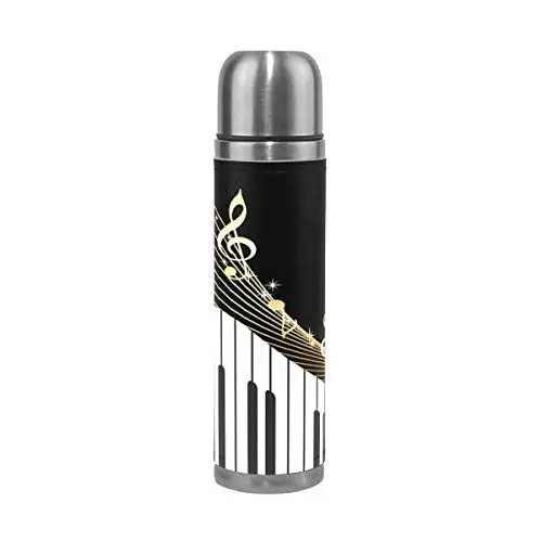 Produktbild: WowPrint Musik Noten Klavier-Motiv, Reisebecher Echtleder isolierte Travel Mug Edelstahl-Wasserflasche Auslaufsicher Doppelwandig Thermoskanne Vakuumflasche 500 ml