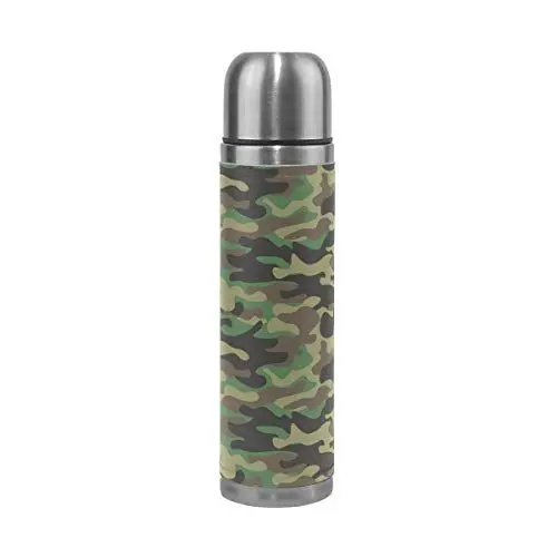 Produktbild: WowPrint Reisebecher, Camouflage, isolierte Edelstahl-Wasserflasche, auslaufsicher, doppelwandig, Thermoskanne aus echtem Leder, 500 ml