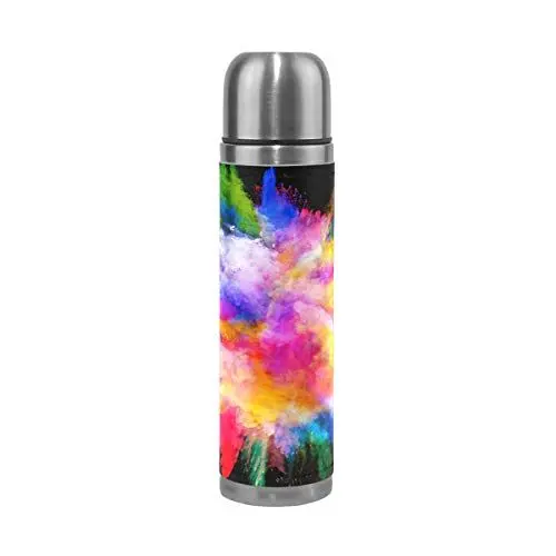 Produktbild: WowPrint Reisebecher, abstraktes Regenbogen-Muster, isolierte Edelstahl-Wasserflasche, auslaufsicher, doppelwandige Thermoskanne, Vakuumflasche, echtes Leder, 500 ml