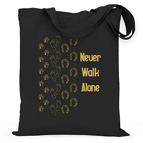 Produktbild: wowshirt Stoffbeutel Jutebeutel Never Walk Alone Pfote Hufeisen Pferd Hund Reiter Reiten Reiterin Geschenk für Pferde-Liebhaber, Farbe:Black