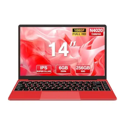 Produktbild: WOZIFAN Laptop 14 Zoll Computer Win11 256GB Notebook Unterstützungserweiterung 1TBSSD 1080 FHD 2.4G+5G WiFi Bluetooth HDMI Kabelloser Maus und Deutscher Tastatur Aufkleber-Rot
